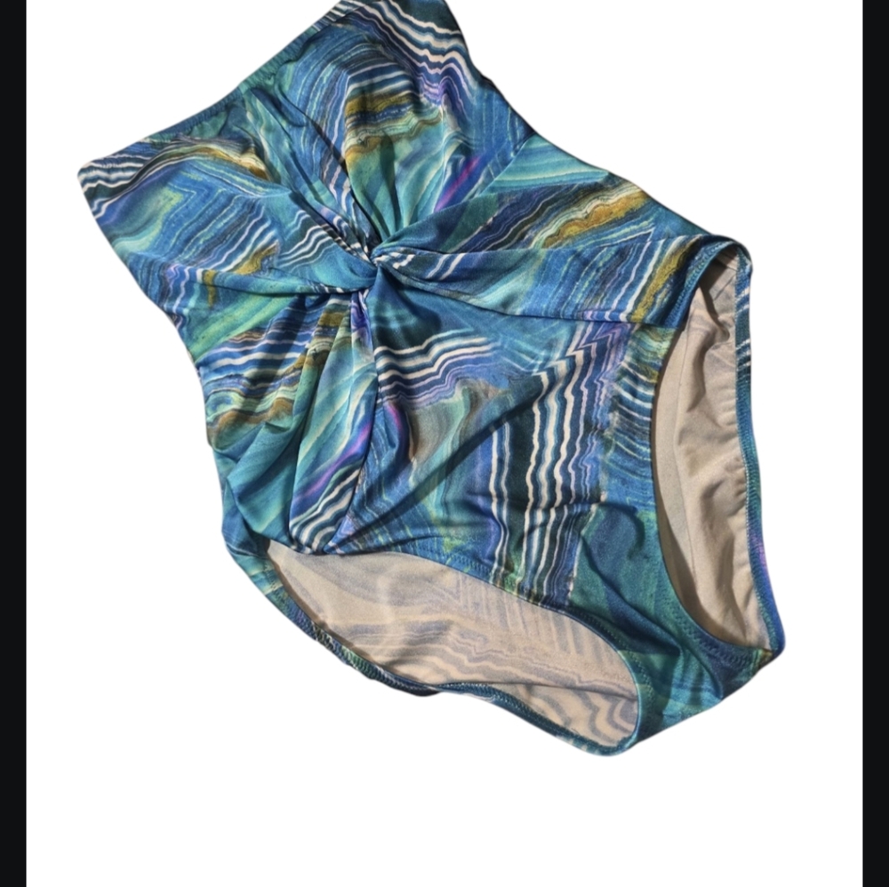 Vintage 90s Gottex Blue Liquid Abstract Twist Front One Piece Swimsuit S/M